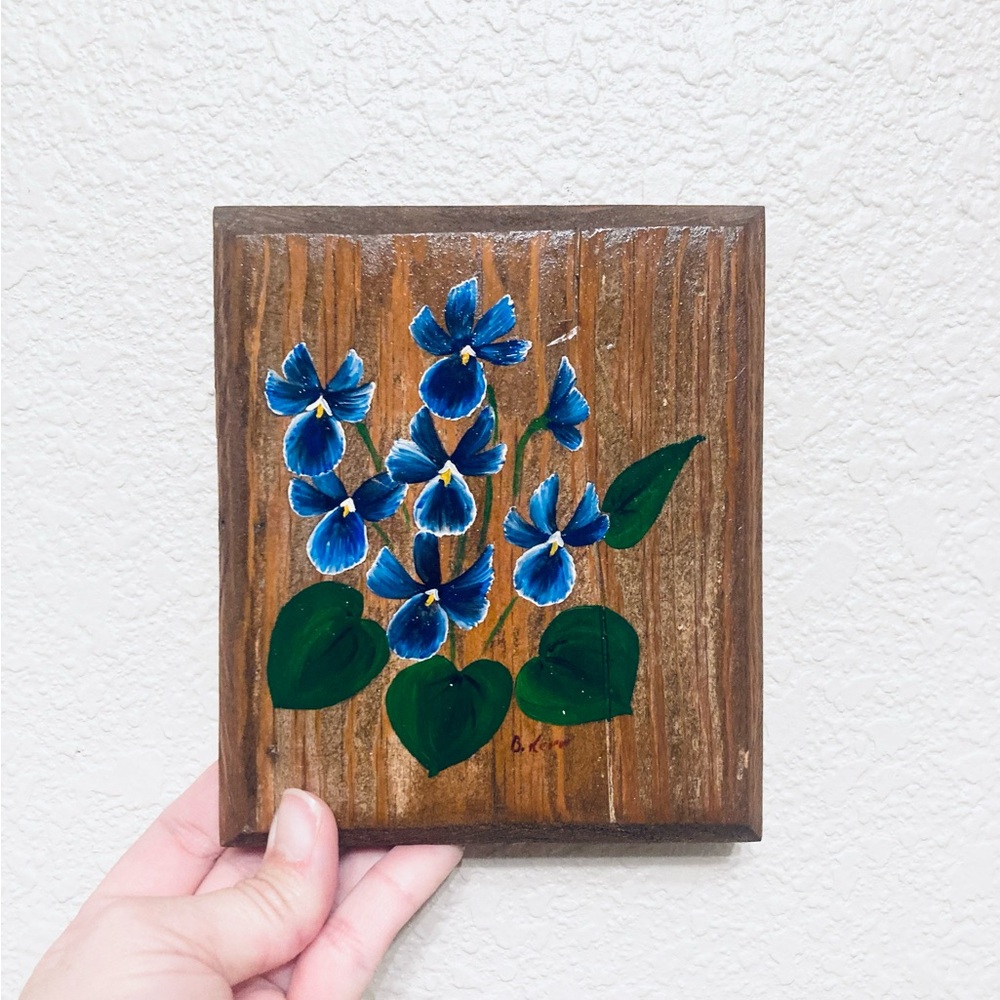Hand Painted Blue Flowers on Wood Plaque Gallery Wall Cottagecore Countryside
